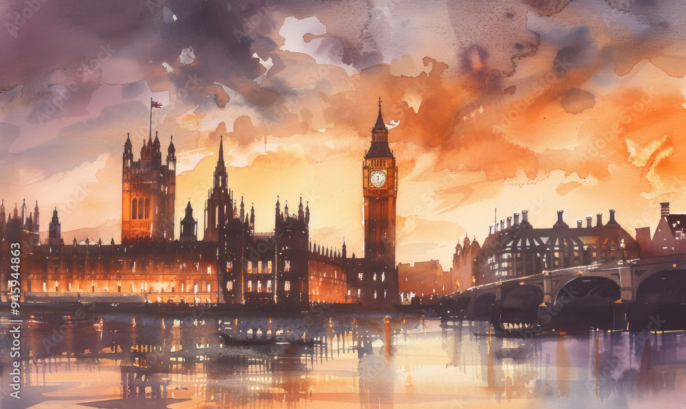 Fototapeta premium Watercolor London cityscape with Houses of Parliament and Big Ben tower at sunset, UK