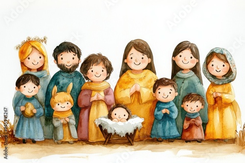 A detailed watercolor nativity depiction featuring figures with dark brown hair and light brown skin gathered around the manger on a bright white background.