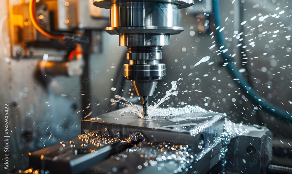 CNC machining centre drilling steel and using metal working fluid as coolant. CNC machining centre drilling steel and using metal working fluid as coolant.