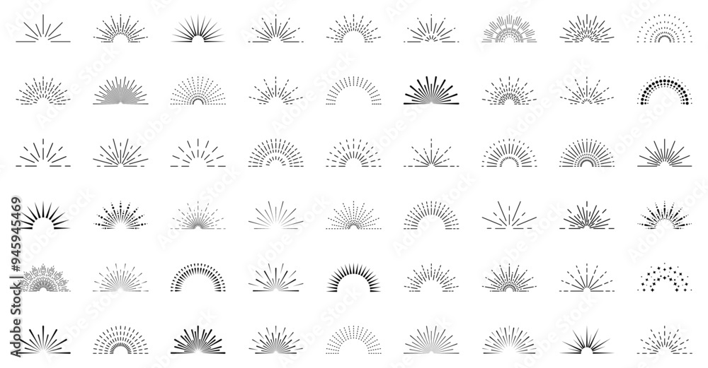 Sun rise set, sunset vector icons, sunburst rays collection