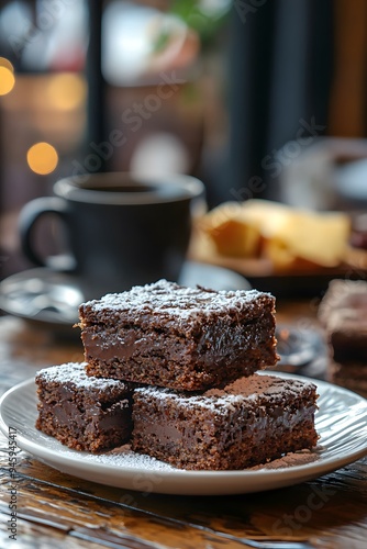 Brownies showcased outdoors in natural light, with a modern restaurant backdrop and a blurry background, emphasizing the rich, indulgent dessert and gourmet presentation.