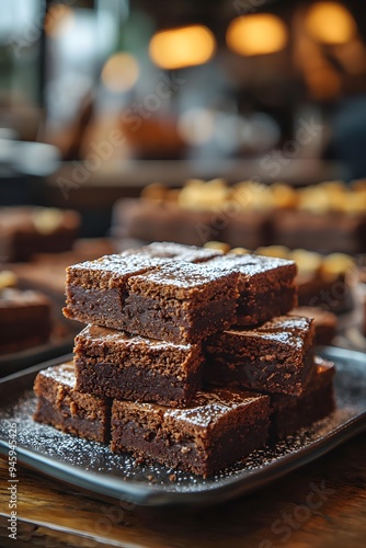 Brownies showcased outdoors in natural light, with a modern restaurant backdrop and a blurry background, emphasizing the rich, indulgent dessert and gourmet presentation.