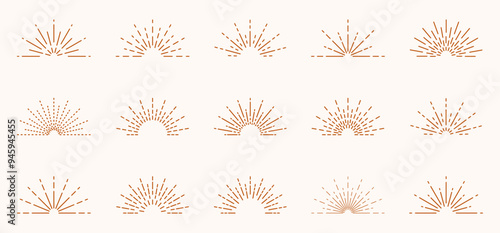 Sun rise set boho style, sun beam, sun rays vector icons