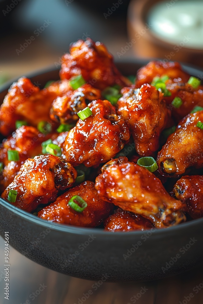 Buffalo Wings served outdoors in natural light, with a modern restaurant backdrop and a blurry background, highlighting the crispy, spicy flavors and gourmet presentation. Buffalo Wings served outdoors in natural light, with a modern restaurant backdrop and a blurry background, highlighting the crispy, spicy flavors and gourmet presentation.