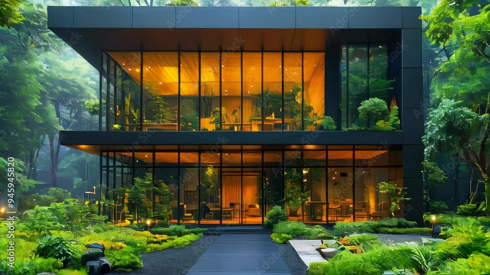 Modern, sustainable building with large glass windows, surrounded by lush greenery and a serene pond Modern, sustainable building with large glass windows, surrounded by lush greenery and a serene pond