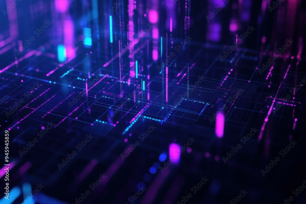 Visual representation of trading data with vibrant blue-purple hues on a sleek black background showcasing market fluctuations and trends in high detail.
