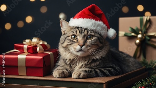 Festive kawaii clipart of a cat in a Christmas hat resting on a gift box