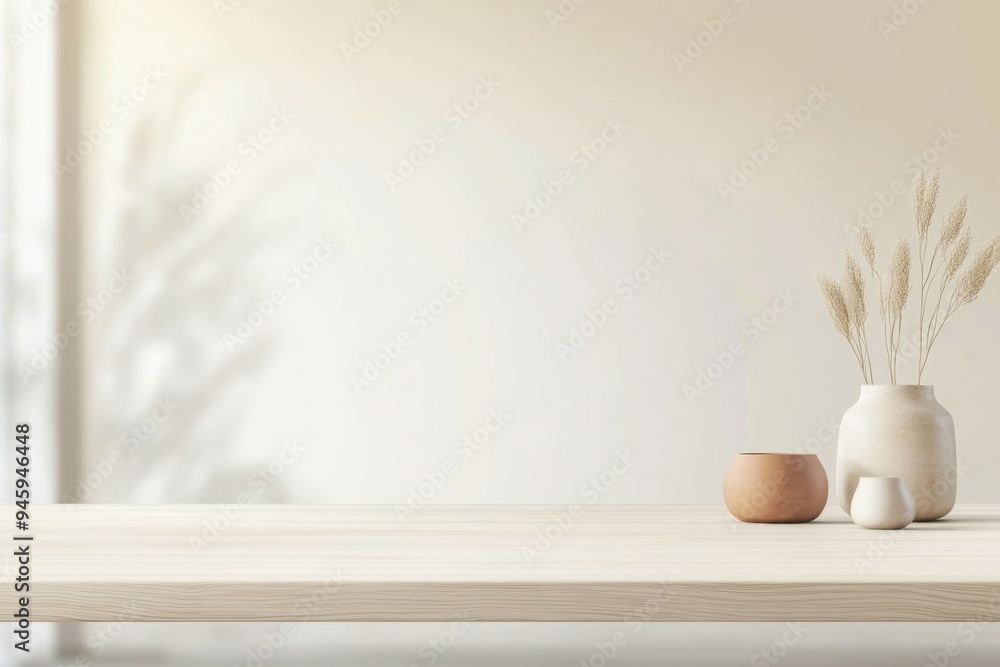 A clean and stylish table surface showcases a simple vase filled with dried plants, set against a tranquil and softly blurred interior, enhancing the serene atmosphere A clean and stylish table surface showcases a simple vase filled with dried plants, set against a tranquil and softly blurred interior, enhancing the serene atmosphere