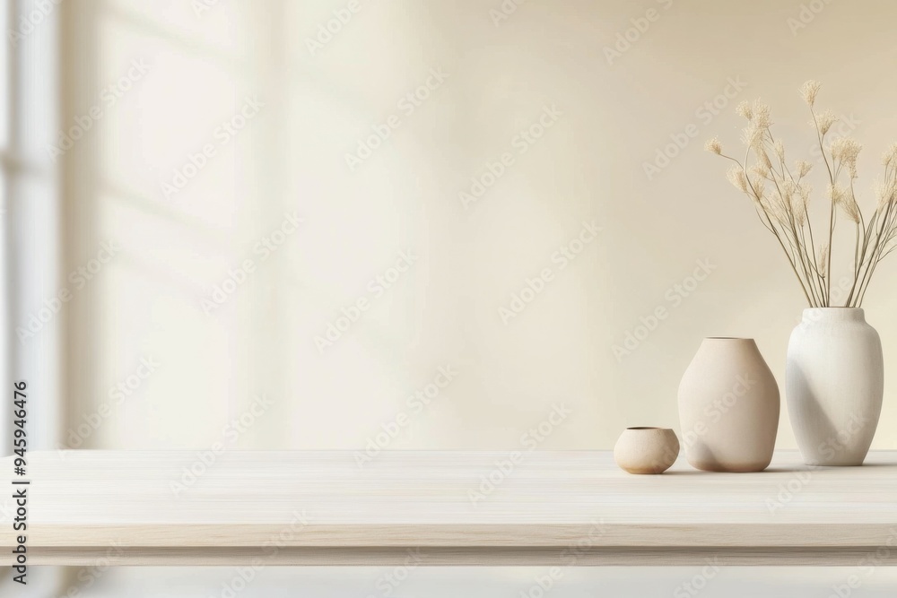 A clean and stylish table surface showcases a simple vase filled with dried plants, set against a tranquil and softly blurred interior, enhancing the serene atmosphere A clean and stylish table surface showcases a simple vase filled with dried plants, set against a tranquil and softly blurred interior, enhancing the serene atmosphere