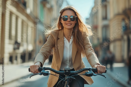 Modern beautiful and successful businesswoman riding a bicycle to work in the city, business concept photo