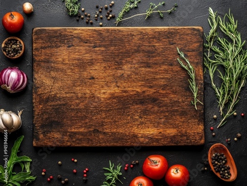 Textured dark brown wooden cutting board with free space for text in the center, framed with vegetables, greens, herbs and spices, top view, photo.