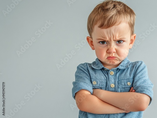 Dissatisfied, angry, offended child with a dissatisfied expression caon on a light background with space for an inscription, text, photo, close-up.  photo