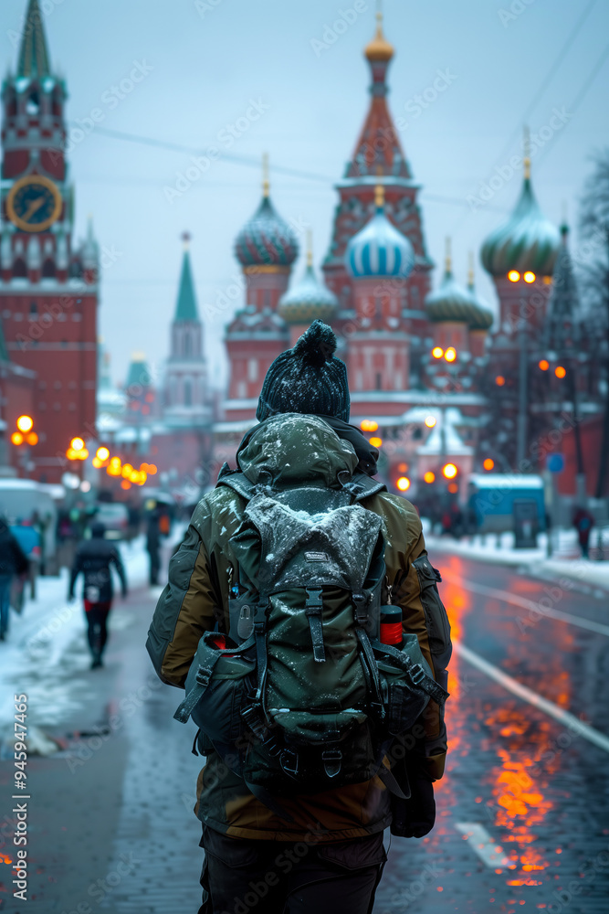Traveler in Moscow's Red Square: Winter Backpacking Adventure with Iconic St. Basil's Cathedral in the Background Traveler in Moscow's Red Square: Winter Backpacking Adventure with Iconic St. Basil's Cathedral in the Background