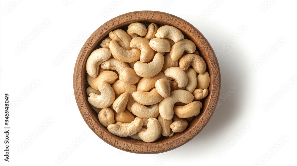 Cashew nuts in a wooden bowl, top view, isolated on a white background. Ideal for promoting natural and healthy foods. Cashew nuts in a wooden bowl, top view, isolated on a white background. Ideal for promoting natural and healthy foods.