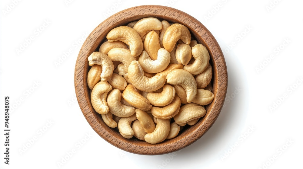 Cashew nuts in a wooden bowl, top view, isolated on a white background. Ideal for promoting natural and healthy foods. Cashew nuts in a wooden bowl, top view, isolated on a white background. Ideal for promoting natural and healthy foods.