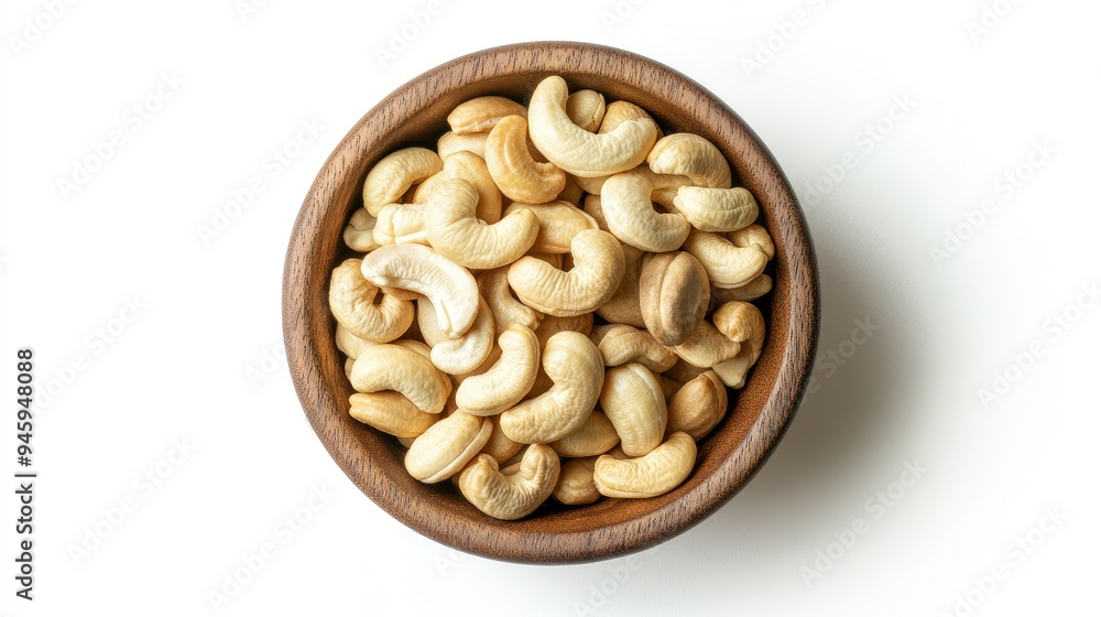 Cashew nuts in a wooden bowl, top view, isolated on a plain white background. Ideal for health-conscious food photography. Cashew nuts in a wooden bowl, top view, isolated on a plain white background. Ideal for health-conscious food photography.