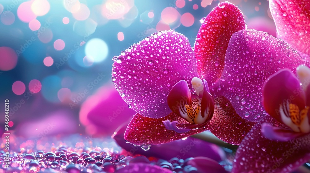 Fototapeta premium A pink flower with water droplets and a blurred background of pink blossoms