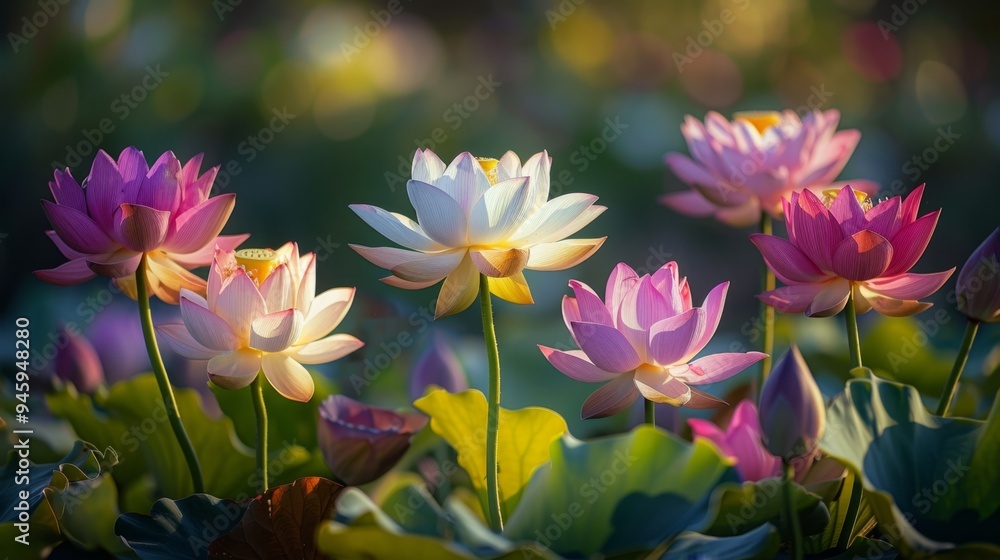 Vibrant Lotus Blooms in White, Pink, and Purple Under Sunlight Vibrant Lotus Blooms in White, Pink, and Purple Under Sunlight