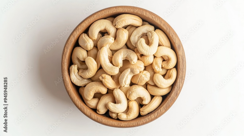 Cashew nuts neatly arranged in a wooden bowl, isolated on a white background, top-down view. Perfect for food advertising. Cashew nuts neatly arranged in a wooden bowl, isolated on a white background, top-down view. Perfect for food advertising.