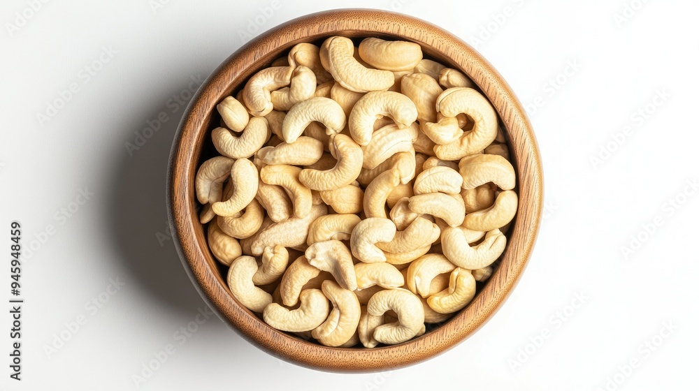Cashews in a wooden bowl, top view, isolated on a plain white background. Simple and clean food photography. Cashews in a wooden bowl, top view, isolated on a plain white background. Simple and clean food photography.