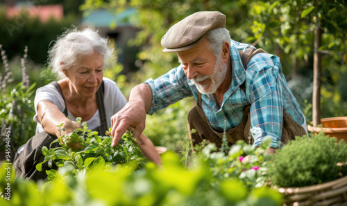 Elderly senior couple harvesting herbs in garden during summer