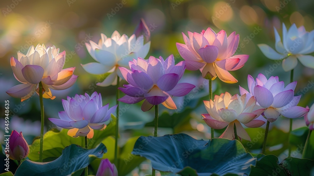 Serene Lotus Blossoms in White, Pink, and Purple Under Sunlight Serene Lotus Blossoms in White, Pink, and Purple Under Sunlight