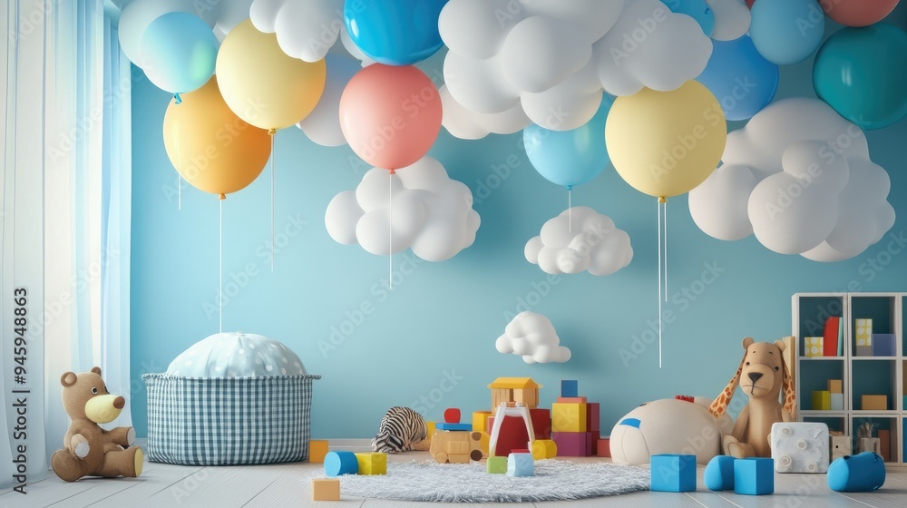 Charming children's playroom filled with balloons of various colors, paper clouds hanging from above, and a collection of stuffed animals and building blocks scattered around. Charming children's playroom filled with balloons of various colors, paper clouds hanging from above, and a collection of stuffed animals and building blocks scattered around.