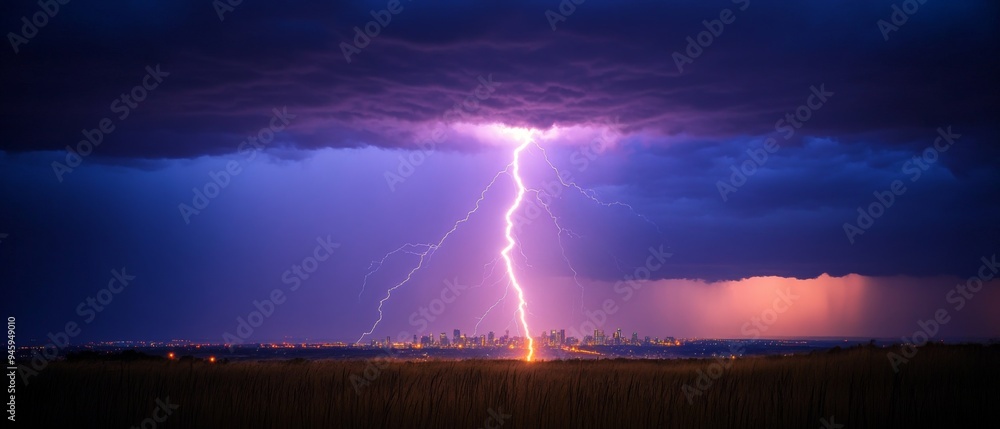 Dramatic Lightning Strike Over City Skyline at Night with Stormy Sky and Illuminated Clouds Dramatic Lightning Strike Over City Skyline at Night with Stormy Sky and Illuminated Clouds