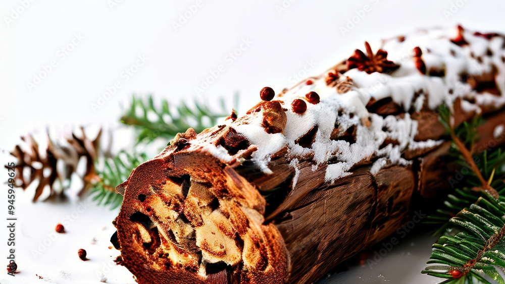 Delicious chocolate yule log decorated with powdered sugar and pine branches, evoking festive and cozy atmosphere. Delicious chocolate yule log decorated with powdered sugar and pine branches, evoking festive and cozy atmosphere.