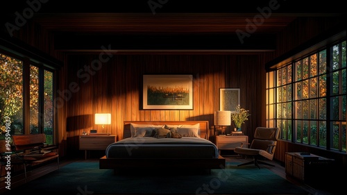 Wallpaper Mural Cozy, modern bedroom with wooden accents, large windows, and soft lighting, perfect for relaxation and comfort. Torontodigital.ca