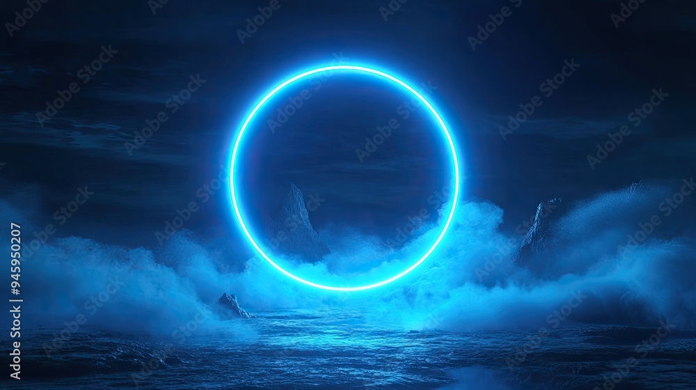 A glowing neon light circle frame floating in the dark blue night sky, creating a futuristic and mystical atmosphere A glowing neon light circle frame floating in the dark blue night sky, creating a futuristic and mystical atmosphere