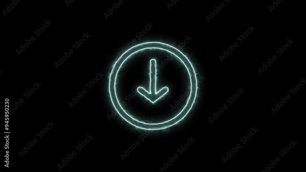Down direction arrow neon glowing icon cyan color animation. black background 4k video. Down direction arrow neon glowing icon cyan color animation. black background 4k video.