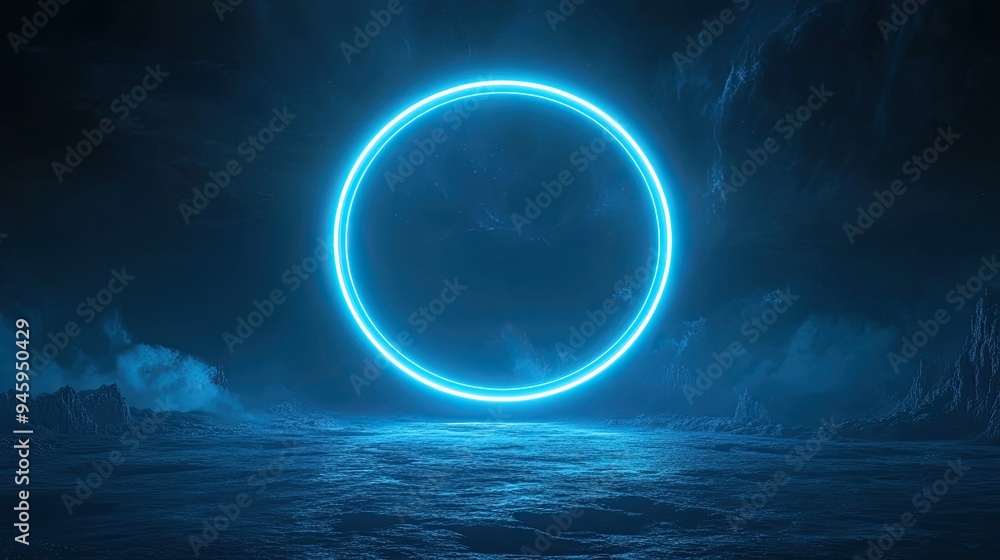 A glowing neon light circle frame floating in the dark blue night sky, creating a futuristic and mystical atmosphere A glowing neon light circle frame floating in the dark blue night sky, creating a futuristic and mystical atmosphere