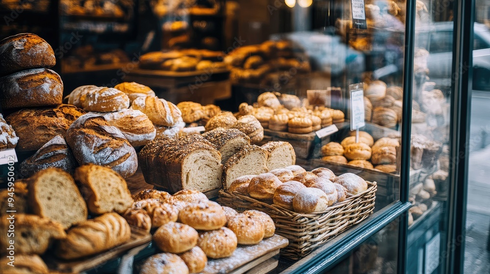 Close-up of a bakery's glass window display from outside, featuring freshly baked bread, rolls, and cookies, with each item arranged to catch the eye of passersby Close-up of a bakery's glass window display from outside, featuring freshly baked bread, rolls, and cookies, with each item arranged to catch the eye of passersby