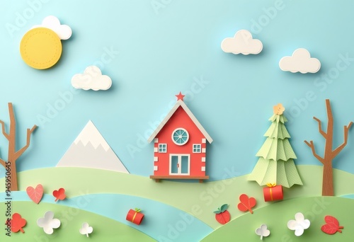 Papercraft winter scene with red house, tree, and presents.