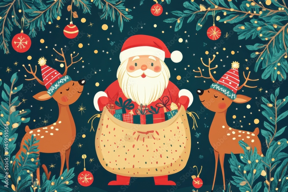 Santa Claus joyfully holds a large gift sack while surrounded by reindeer in festive hats amidst sparkling Christmas lights and holly leaves in a charming holiday illustration. Santa Claus joyfully holds a large gift sack while surrounded by reindeer in festive hats amidst sparkling Christmas lights and holly leaves in a charming holiday illustration.