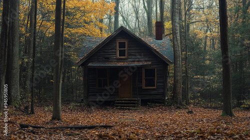 Scary creepy cabin in the woods with fall foliage on the ground