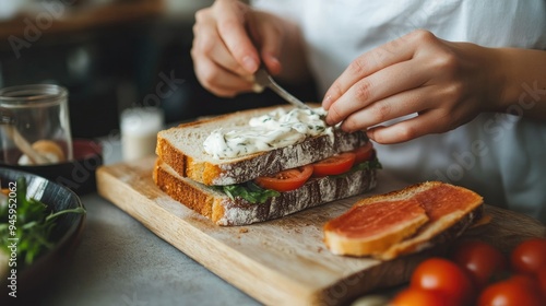 Close-up of a sandwich being made with mayonnaise by a woman at a grey table, focus on the bread.