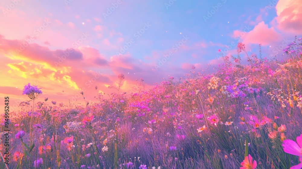 A surreal, psychedelic landscape featuring a wildflower meadow with vibrant, otherworldly colors under a twilight sky A surreal, psychedelic landscape featuring a wildflower meadow with vibrant, otherworldly colors under a twilight sky