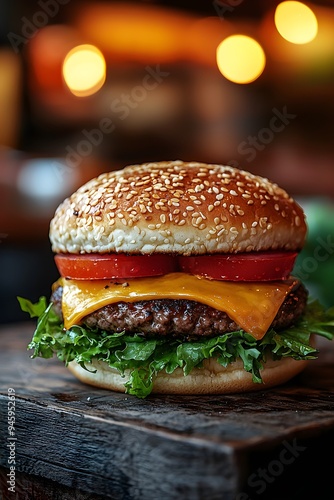 Hamburger served outdoors with a modern restaurant backdrop and a blurry background, emphasizing the juicy, flavorful burger and gourmet presentation.