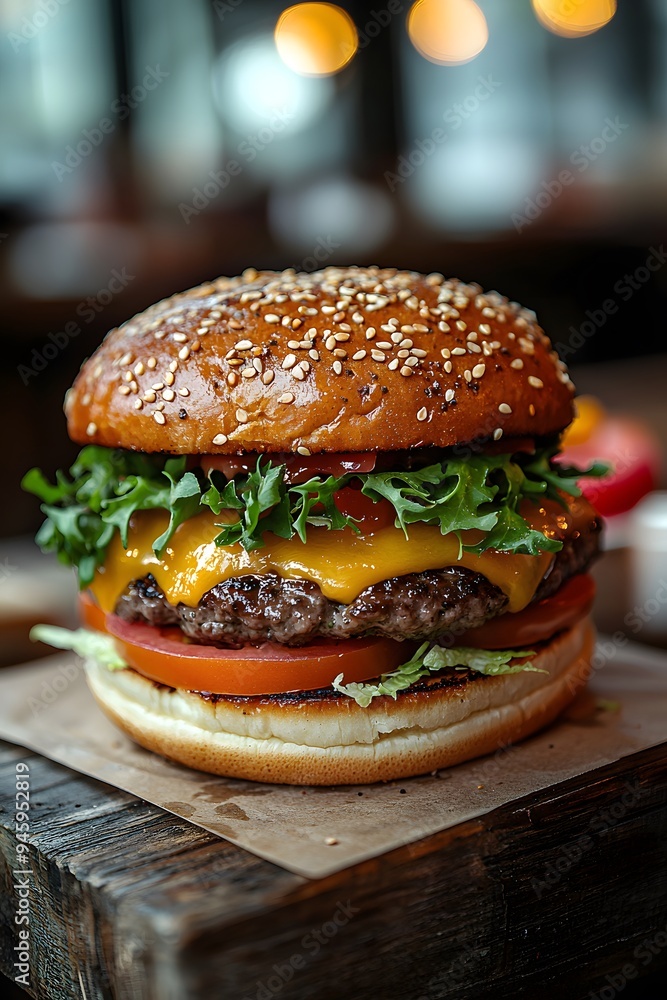 Hamburger served outdoors with a modern restaurant backdrop and a blurry background, emphasizing the juicy, flavorful burger and gourmet presentation. Hamburger served outdoors with a modern restaurant backdrop and a blurry background, emphasizing the juicy, flavorful burger and gourmet presentation.
