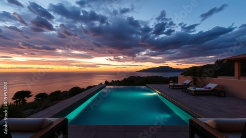 luxurious home with swimming pool, outdoor living concept with private oasis, modern minimalist architecture design looking out to the horizon in the evening photo