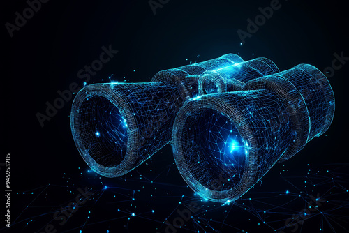 Abstract blue digital technology binoculars made of lines and dots on a dark background,	
