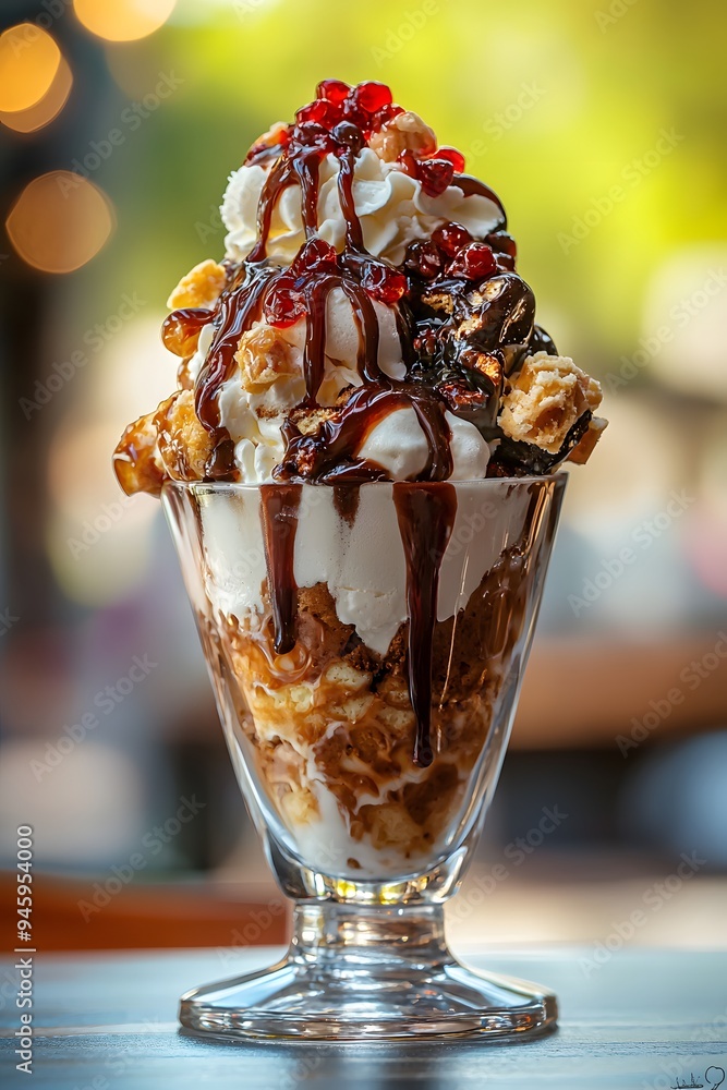 Ice Cream Sundae served outdoors in natural light, with a modern restaurant backdrop and a blurry background, showcasing the indulgent, layered dessert and gourmet presentation. Ice Cream Sundae served outdoors in natural light, with a modern restaurant backdrop and a blurry background, showcasing the indulgent, layered dessert and gourmet presentation.