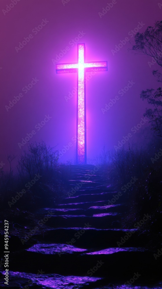 Naklejka premium A wooden cross stands on a hill, surrounded by vivid purple and blue colors that evoke feelings of hope and sacrificial love during the tranquil evening sky