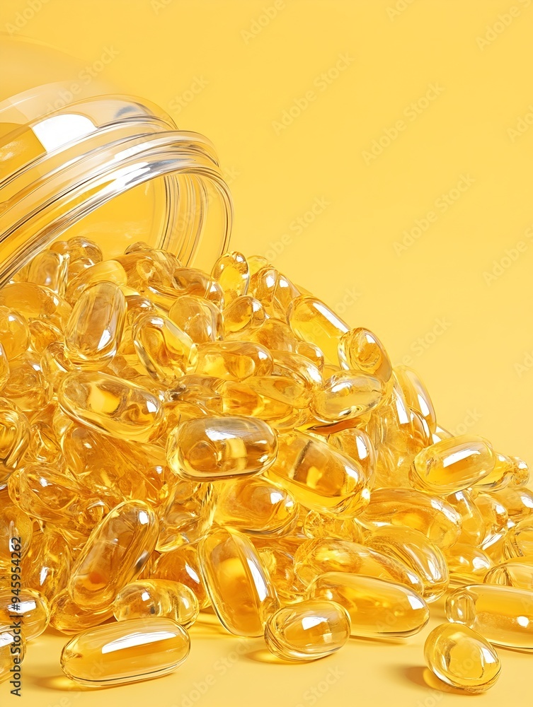 Glowing Vitamin D Supplements in Transparent Bottle on Minimalist Yellow Background Glowing Vitamin D Supplements in Transparent Bottle on Minimalist Yellow Background