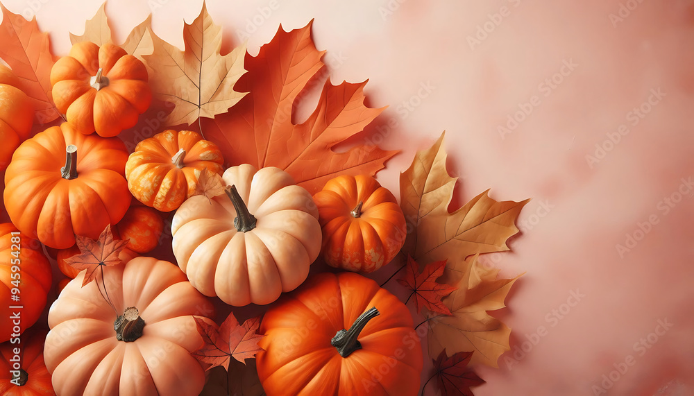 A collection of small orange pumpkins arranged on a soft beige background autumn leaves in shades of orange and brown A collection of small orange pumpkins arranged on a soft beige background autumn leaves in shades of orange and brown