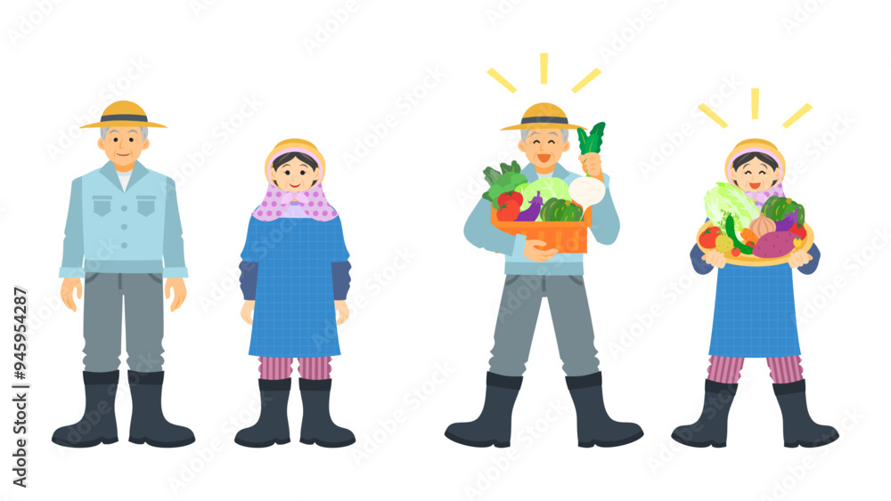 農家のお爺さんとお婆さん。フラットなベクターイラストセット。
Elderly farmer man and woman. Flat vector illustration set. 農家のお爺さんとお婆さん。フラットなベクターイラストセット。
Elderly farmer man and woman. Flat vector illustration set.