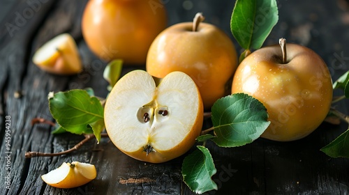 A close up view of several wax apples on a dark wooden surface showing some halved to expose the white, juicy interior and complemented by green leaves for visual appeal photo