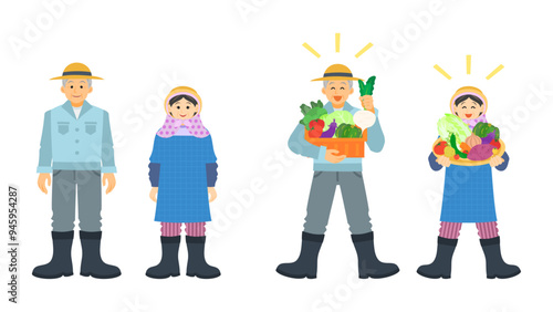 農家のお爺さんとお婆さん。フラットなベクターイラストセット。 Elderly farmer man and woman. Flat vector illustration set.